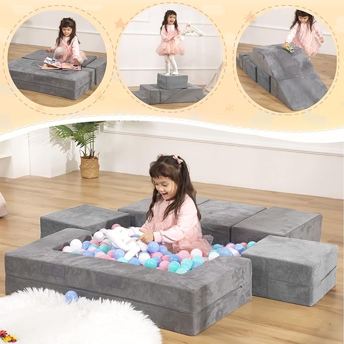 Kids Play Couch Foam Climbing Blocks for Toddlers Sofa Convertible Climbing Toy for Creative Child Girls and Boys Climber Playroom Furniture (Grey)