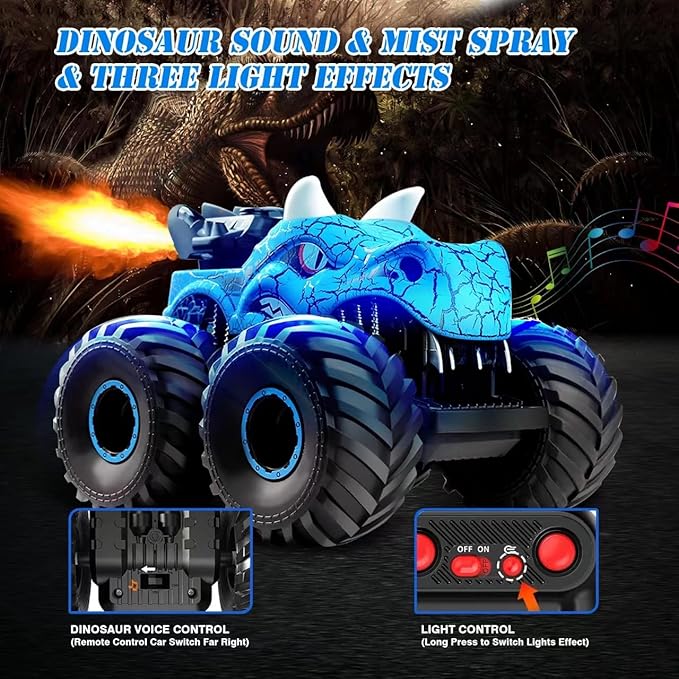 Remote Control Monster Truck, 2.4GHz RC Cars with Light, Sound & Spray, Monster Trucks for Boys Girls, All Terrain Dinosaur Toys with 4 Batteries, Festive Birthday Gifts
