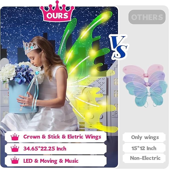 Electric Light Up Butterfly Wings Moving with Music - Princess Costume Crown Wand Dress Up, Princess Toys for Kids Ages 3-6 5-7 as Halloween Valentine Birthday Christmas Party Gifts