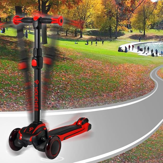 3 Wheels Kick Scooter for Kids Ages 5-12, with Built-in LED Light-Up Wheels, Adjustable Handlebar, Non-Slip Deck and Reliable Brake, Lean-to-Steer Self Balancing.
