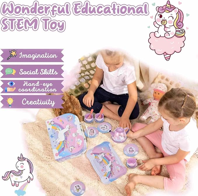 19Pcs Unicorn Toys Tea Party Set for Little Girls, Birthday Gift for Age 3 4 5 6 Year Old, Princess Tea Time Set Toys for Little Girls, Kids Toddlers Kitchen Pretend Toy with Tin Tea Set
