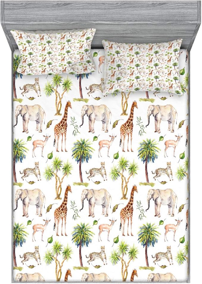 Ambesonne Watercolor Elephant Fitted Sheet & Pillow Sham Set, Wild Animals Giraffe Cheetah Antelope Savannah Palm Trees Tropic, Decorative Printed 3 Piece Bedding Decor Set, Calking, Green Pale Brown