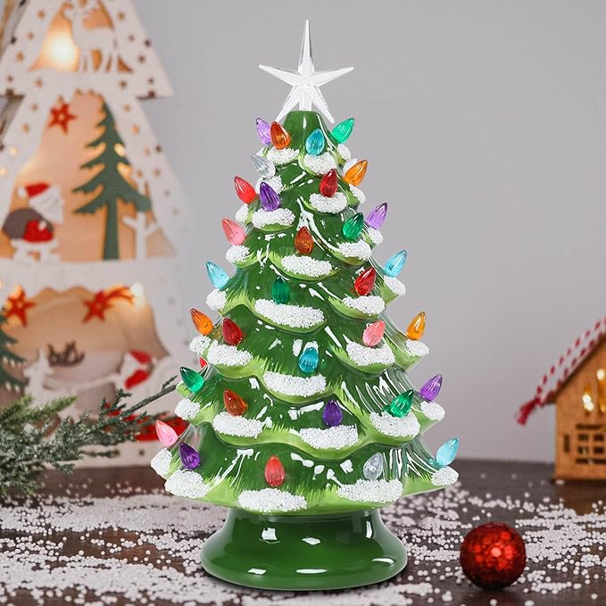 Small Ceramic Christmas Tree Hand-Painted Vintage Tabletop Green White Christmas Tree Holiday Decoration with Multi-Color Lights Xmas Trees 12 inch