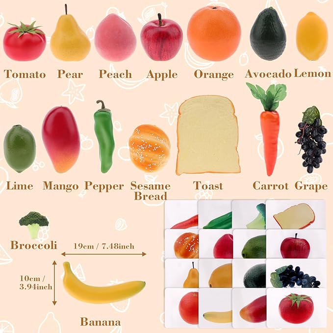 Gresorth 32pcs Play Food with Matching Card Toy Food Set Artificial Fruit Vegetable Realistic Bread Decoration for Toddlers Kitchen Preschool Learning