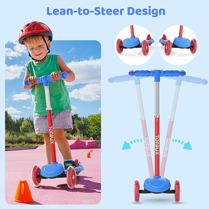 TONBUX Kids Scooter for Ages 3-5, Toddler Scooter with Light-Up Deck and Wheels, Adjustable 4-Level Height 3-Wheel Scooter for Kids, Lean-to-Steer Design