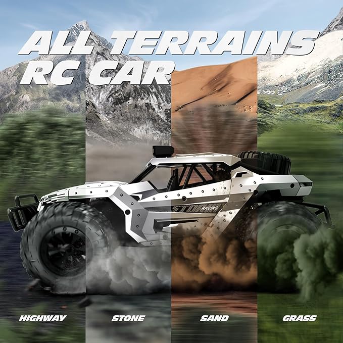 Tecnock RC Car 1/16 Scale Remote Control Car for Boys, High Speed 20 Km/h All Terrains Rc Monster Truck with Two Rechargeable Batteries & Head Chassis Lights Gift Toy for Kids Adults, Silver