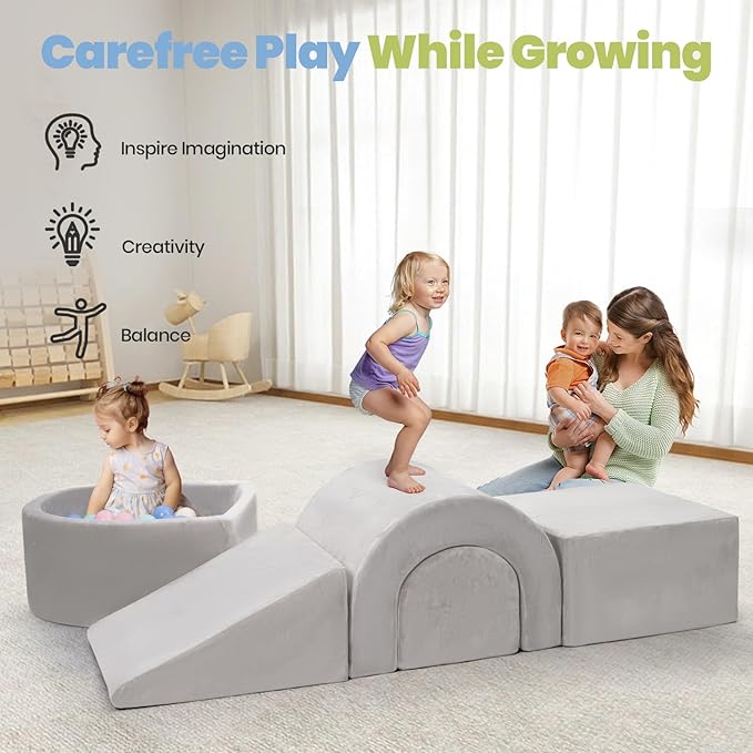 Foam Climbing Blocks for Toddlers, 5-Piece Tunnel Climber and Crawl Playset, Indoor Activity Play with Ball Pit, Machine Washable Velvet Cover, Soft Climbing Toy for Kids 1-3 (Gray)