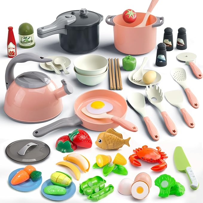 Bruvoalon 67Pcs Kids Play Kitchen Toys Set, Toddlers Pretend Cooking Playset Acccessories with Pots Pans, Utensils Cookware, Foods, Canned Veges, Learning Gift for Kids Girls Boys (Pink)