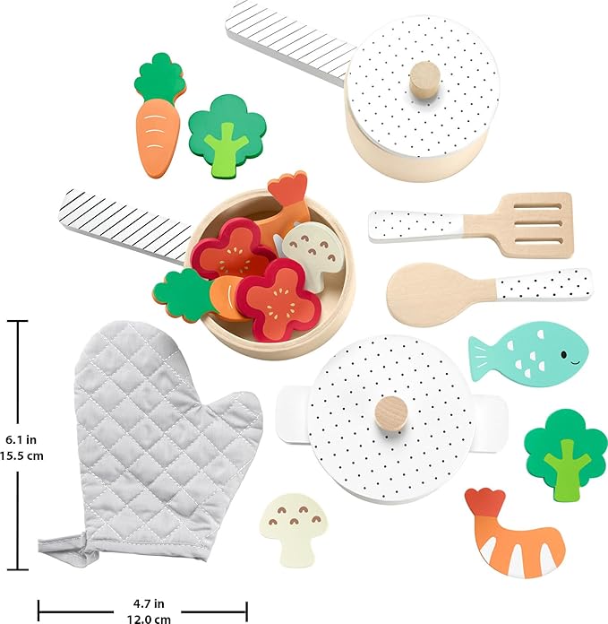 Fisher-Price Wood Kitchen Pretend Play Toy Pots & Pans Set, 19-Piece Playset Wooden, Metal & Fabric for Preschool Kids Ages 3+ Years