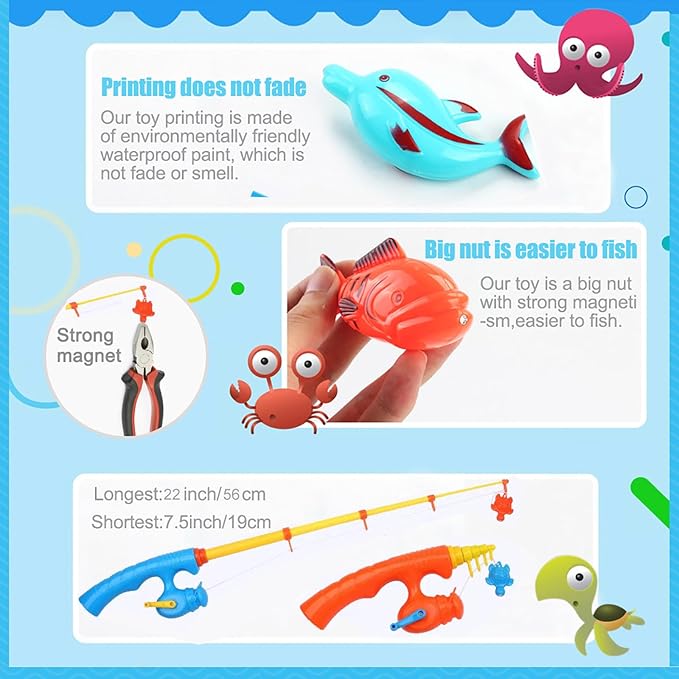 Magnetic Fishing Game 30 PC Ocean Sea Floating Fish Colorful Animals with Net Portable Storage Bag | Water Table Kiddie Pool Bathtub Game for Age 3 4 5 6 Year Kids Toddler(Large Set)