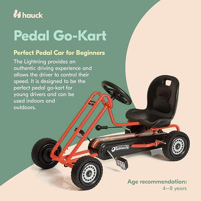hauck Kids Pedal Go Kart, 4 Wheel Bike Cart, Ages 4-8, Lightning Ride, Orange