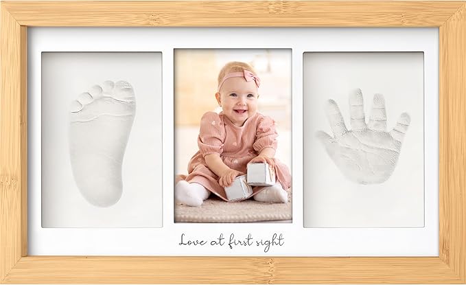 Baby Hand and Footprint Kit - Clay Handprint Keepsake Frame, Newborn Nursery Picture Frame, Personalized New Mom Gifts for Baby Shower & Registry (Bamboo)