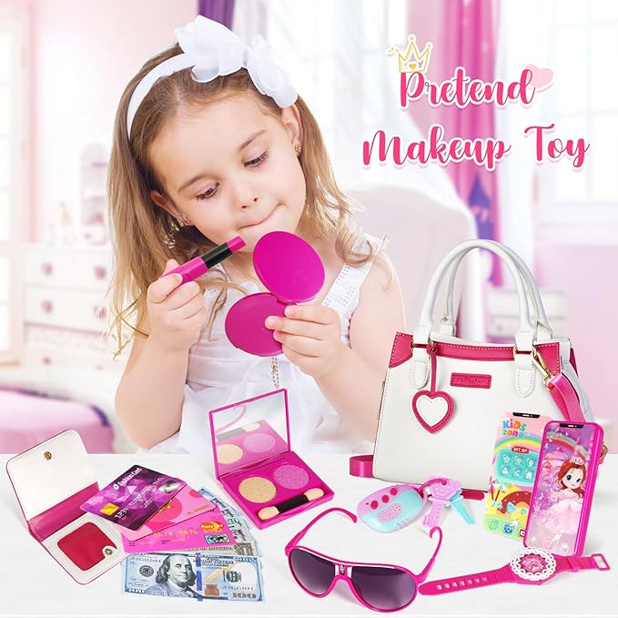 Shemira Play Purse for Little Girls, Princess Pretend Toys for Girls 3 4 5 6 7 8 Years Old, Christmas & Birthday Gift for Girls Age 3-5 4-6 6-8, Toddler Purse with Accessories, Kids Toy Purse, White