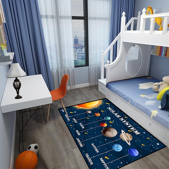 Universe Planet Area Rugs Outer Space Rugs for Boys Bedroom Educational Sofa Floor Mat Galaxy Solar System Theme Throw Rugs for Indoor Outdoor Carpets Crystal Polyester Mats Oversized, 5'×7'