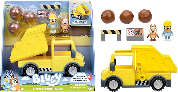 Bluey Dump Truck Toy with Hard Hat Muddy Bingo Figures | Load & Unload Rocks - Includes Safety Signs & Stickers | for Kids Ages 3+