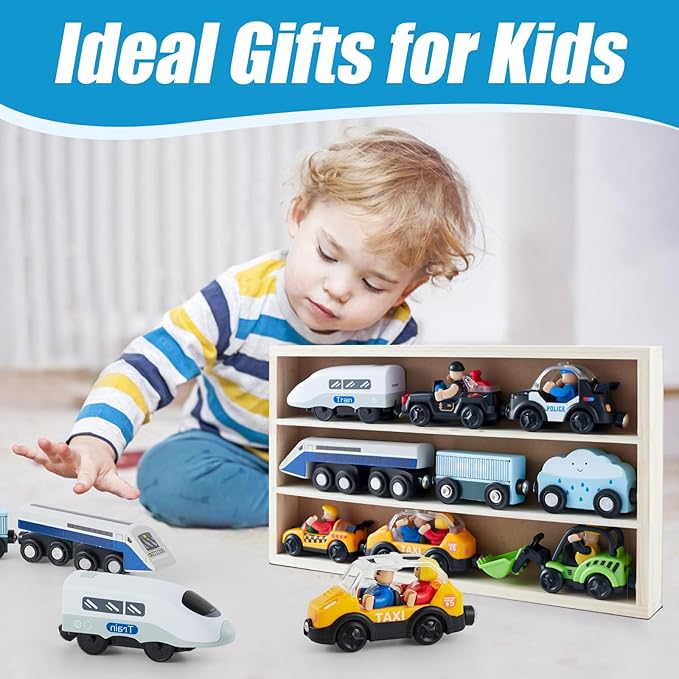 Electric Train Set Toys Wooden Magnetic Cars - Locomotive Auto Forward/Park, Gift for 3 4 5 6 Year Old Toddlers Kids Boys Truck Trains Toy, Compatible with Common Wooden Train Tracks