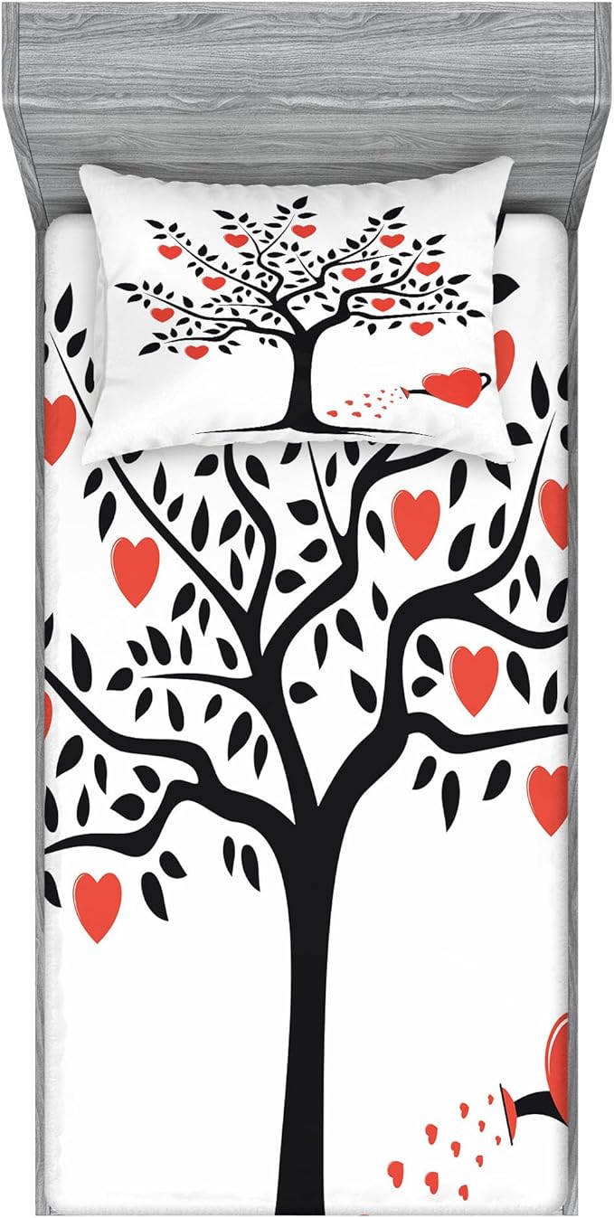 Ambesonne Valentines Day Fitted Sheet & Pillow Sham Set, Love Tree with Heart Romance Fruits Leaves Forest Couple Art, Decorative Printed 2 Piece Bedding Decor Set, Twinxl, Vermilion Black