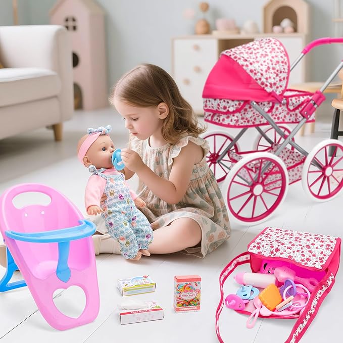 deAO Baby Doll Stroller Set High Chair Travel Diaper Bag with 12 inch Baby Doll Accessories Pretend Play Toys with Foldable Stroller 2 Sets Doll Clothes Birthday Gift for Girls Boys Toddler Kids