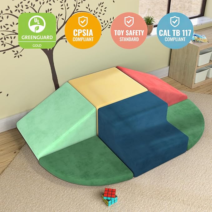 6 Piece Foam Climbing Blocks, Velvet Fabric Soft Play Set Large Baby Climbing Gym Indoor Climbing Toys for Toddlers 1-3 Inside