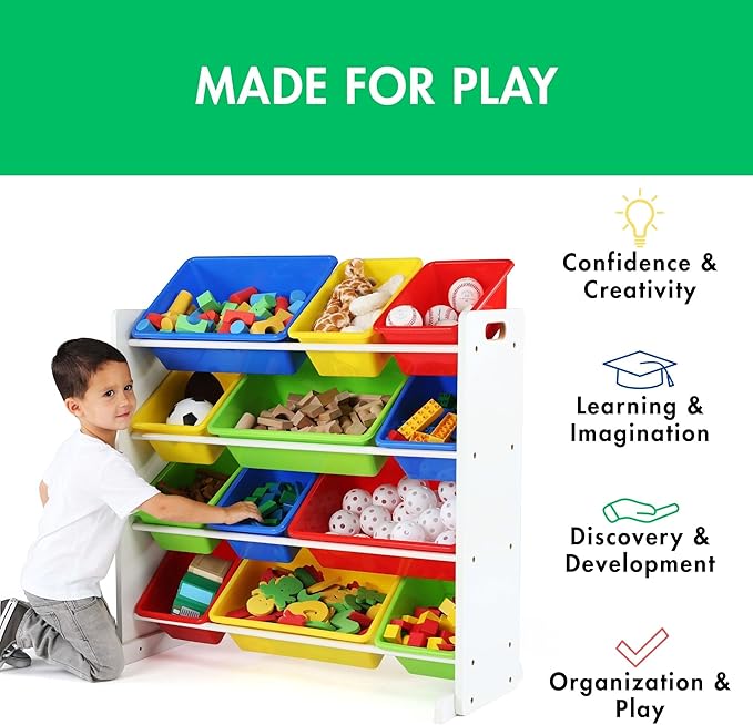 Humble Crew, White/Primary Kids' Toy Storage Organizer with 12 Plastic Bins
