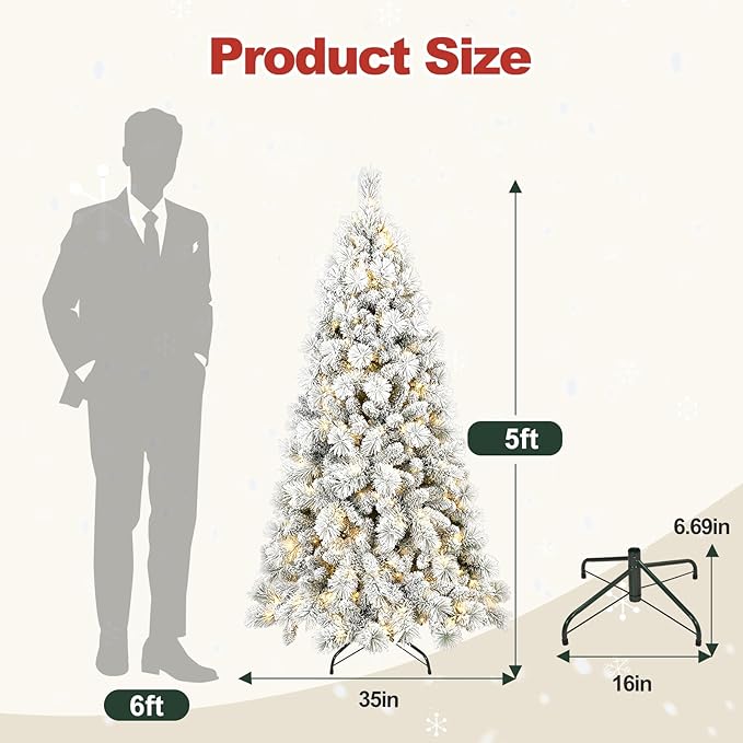 5 Ft Prelit Snow Flocked Christmas Tree with 250 Warm LED Lights, Premium Holiday Artificial Xmas Tree with 518 Realistic Branch Tips, Metal Stand for Indoor Home/Office Decor (Easy Assembly)