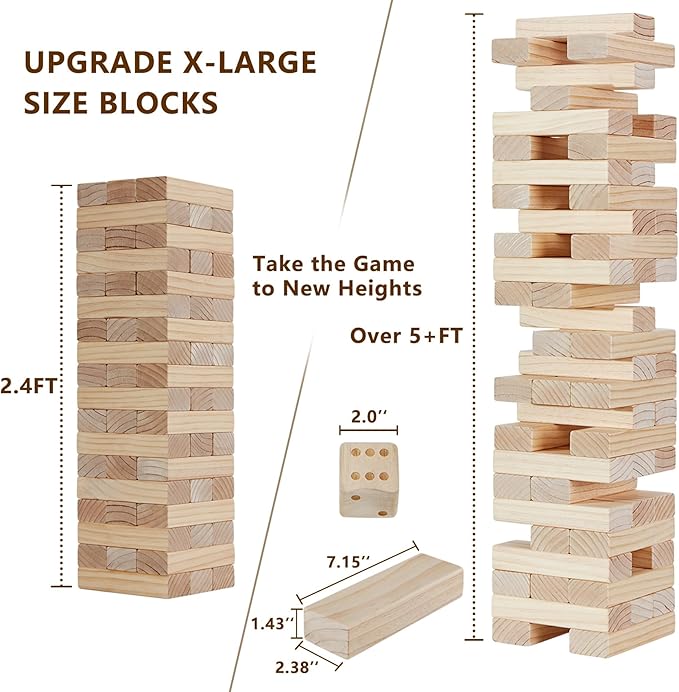X-Large Size Giant Tumble Tower, 60 Blocks Outdoor Games Stacking Games Includes Dice Carrying Bag Scoreboard, Stacking Over 5FT for Backyard Lawn Party Playing