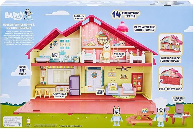 Bluey Mega Bundle Family Home & BBQ Playset – Amazon Exclusive, 4 Figures (Bluey, Bingo, Bandit, Chilli), 13+ Removable Furniture Pieces, Outdoor Patio, Accessories, Imaginative Playset for Kids 3+