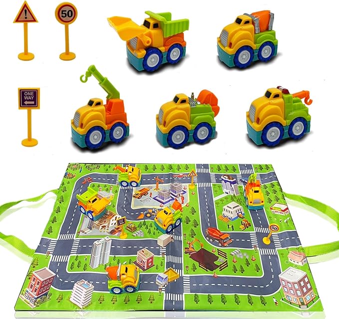 Construction Toy Trucks and Play Mat – Build & Play Vehicles with Foldable Mat & Storage Bag | Portable Travel Toy for Toddlers Kids Ages 2-5 | Easy Storage & Transport for Fun On-The-Go