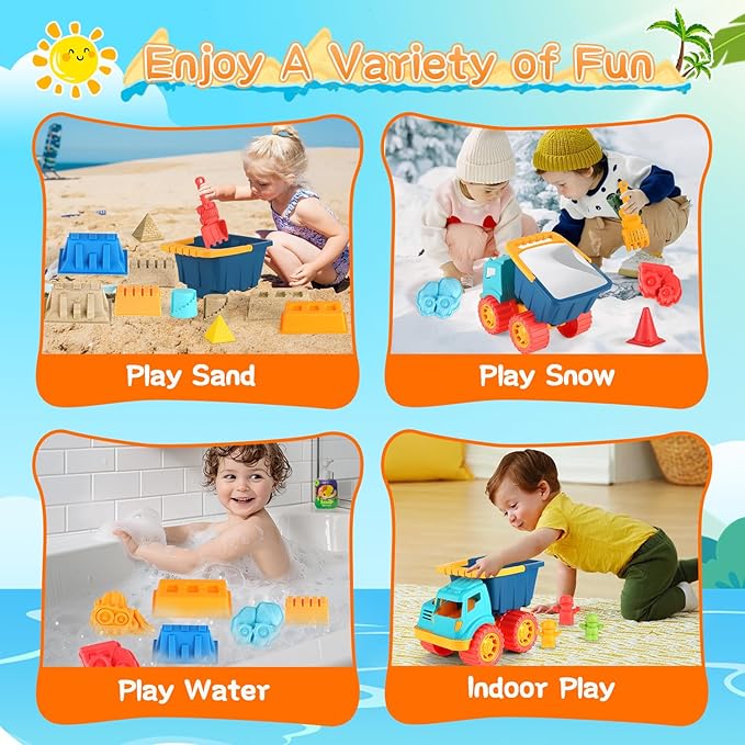 Beach Sand Toys, Large Dump Truck with Bucket, Sandbox Construction Toy Sand Castle Building Kit with Mesh Bag, Sand Molds, Shovels, Worker Figures, Kids Toddlers Summer Outdoor Travel Toys