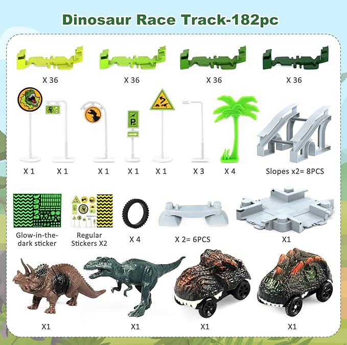 Dinosaur Toys, Create A Dinosaur World Road Race Tracks Glow in The Dark Flexible Train Track Playset, 2pcs Dinosaur Car for 3 4 5 6 Year Old Boys Girls Christmas Birthday Gift, CF2268