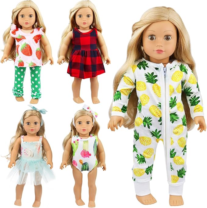 Ecore Fun 5 Sets Baby Doll Clothes for 14-18 Inch Dolls, Tatal 10 Pcs Dresses Outfits Pjs for 43cm New Born Baby Dolls, 15 Inch Dolls, American 18 Inch Dolls
