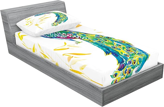 Ambesonne Peacock Fitted Sheet & Pillow Sham Set, Digital Watercolor Paint Creature Female Animal Large Tail Eyespots Image, Decorative Printed 2 Piece Bedding Decor Set, Twin, Orange Teal Yellow