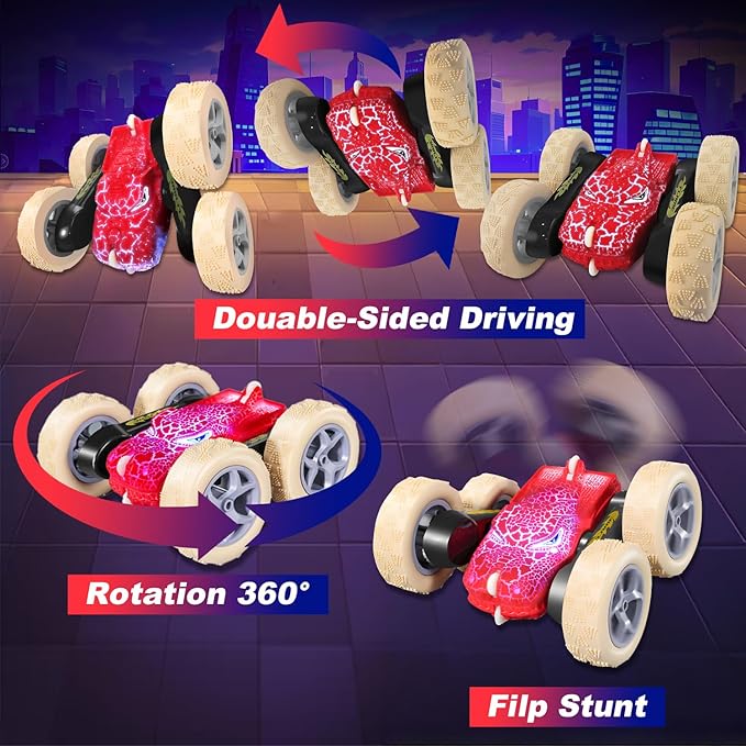 Remote Control Car 2.4GHZ All Terrain RC Monster Cars for Boys Girls Age 4-7 Double Sided 360° Rotation RC Stunt Cars with Light Dinosaur Toys for Kids 5-7 Chrismas Birthday Gifts