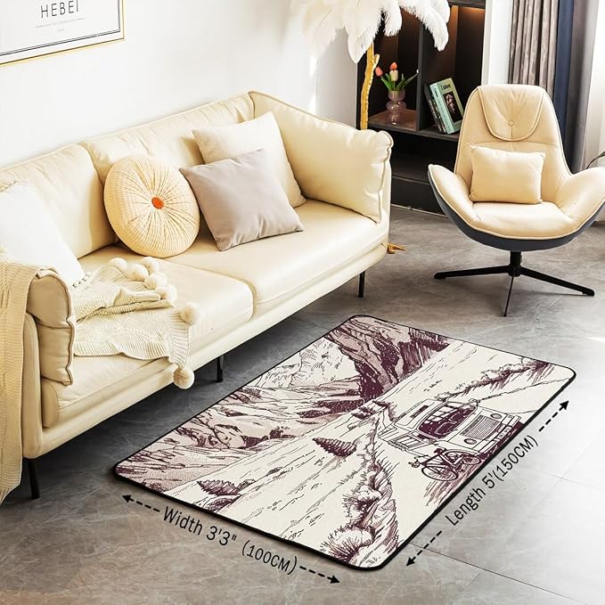 Erosebridal Hand Drawn RV Area Rug 3x5 Cartoon Camper Car Rug for Adults Kids Retro Mountain Bike Carpet Family Students Camping Travelling Bedroom Non Slip Decorative Rug