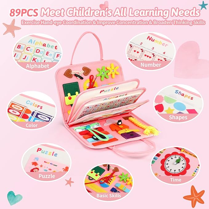 8 in 1 Toddler Busy Board for 1 Years Old, Montessori Toy Busy Book for Toddlers 1-3 Educational Learning Toy Activity for Basic Motor Skills, Kid Travel Essential 2-4 Yr Birthday Gift for Girl(Pink)