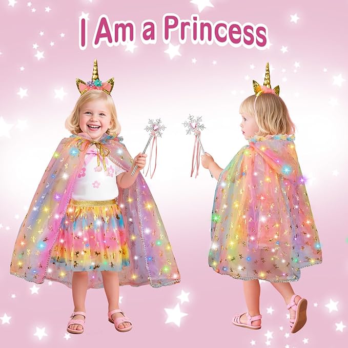 Princess Dress Up for Girls, Light Up Princess Costume Cape Set, Birthday Gifts Toys for Girls 3 4 5 6 Years Old