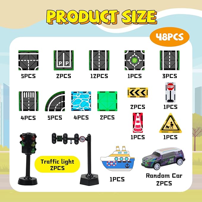 Magnetic Tiles Road Set with Pullback Car & Magnet Ship,Traffic Themed Magnetic Building Tiles Set with Traffic Light,STEM Magnet Tile for Kids Ages 3-5 4-8 5-7,Preschool Educational Kids Toys Gift