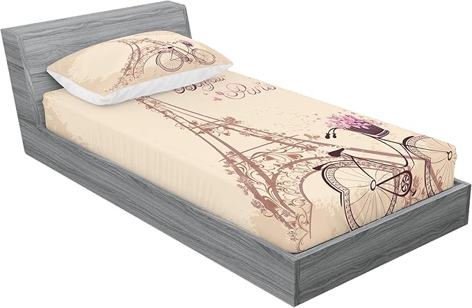 Ambesonne Paris Fitted Sheet & Pillow Sham Set, Eiffel Tower Floral Style Romantic Vintage Bike with Flowers Bonjour Paris Words Print, Decorative Printed 2 Piece Bedding Decor Set, Twinxl, Beige