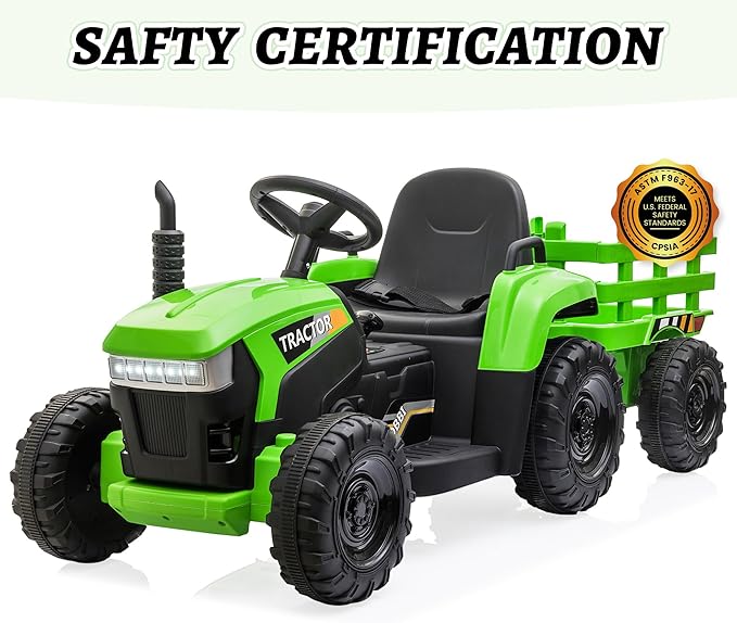 TOBBI Kids Electric Ride On Toy Tractor, 12v Battery-Powered 4 Wheels Ride On Car with Trailer, 35W Dual Motors/3-Gear-Shift/LED Lights/USB Audio Functions for Toddlers 3-6 Years-Green