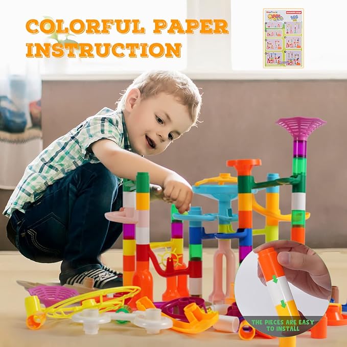 Marble Run, 166Pcs Marble Maze Building Block Toys for Kids, STEM Learning Toys Marble Track Race Set with 30 Glow in The Dark Glass Marbles Birthday Gift Toys for Boys & Girls Aged 3-12