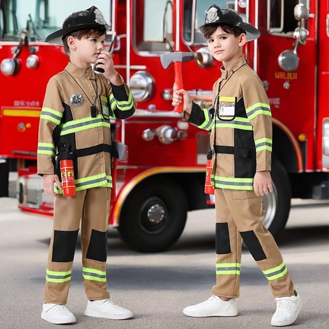 yolsun Fireman Costume for Kids, Boys' and Girls' Firefighter Dress up, Fire Fighter with Toy Accessories Halloween Role Play