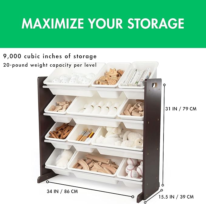 Humble Crew Modern Toy Organizer with 12 Bins, Espresso/White