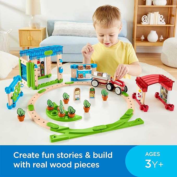Fisher-Price Wooden Building Toy Wonder Makers Design System Build Around Town Starter Kit, 75 Wood Piece Playset for Preschool Kids Ages 3+ Years