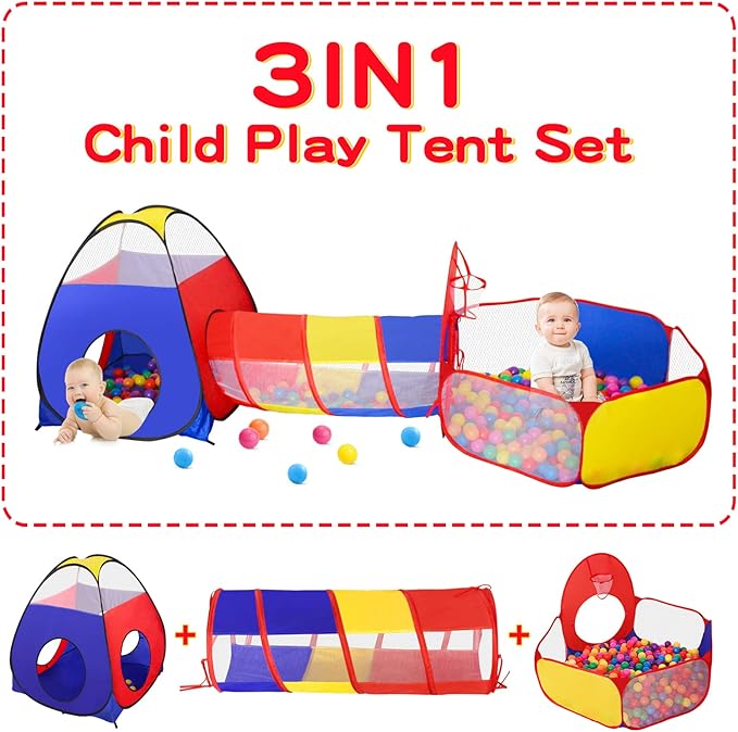 3 in 1 Kids Play Tent for Toddler with Baby Ball Pit and Play Tunnel, Children Indoor Outdoor Playhouse with Climbing Tunnel Toy for Toddlers, Boys and Girls Best Birthday Gifts
