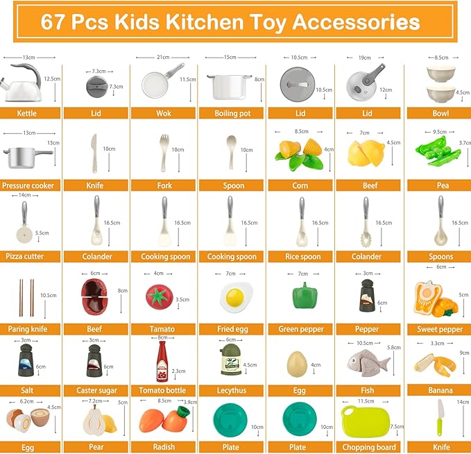 Bruvoalon 67Pcs Kids Play Kitchen Toys Set, Toddlers Pretend Cooking Playset Acccessories with Pots Pans, Utensils Cookware, Foods, Canned Veges, Learning Gift for Kids Girls Boys (White)