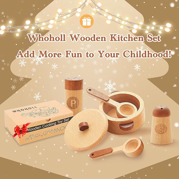 WHOHOLL Play Kitchen Accessories, Wooden Kitchen Set for Kids Ages 3-5 - Montessori Cooking Toys with Toy Pots and Pans (Large)