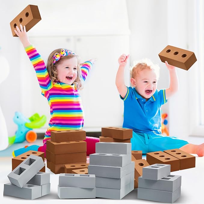 Deekin 30 Pcs Foam Brick Building Blocks for Kids Thick Blocks Foam Large Fake Brick Construction Toy for Stacking Construction, 8 x 4 x 2.4 in(Square Circle Holes)