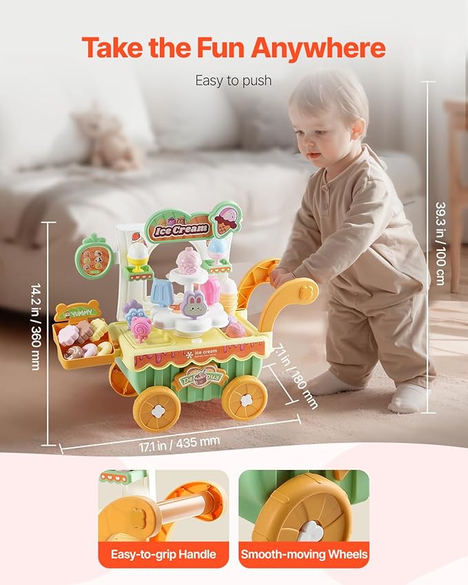 VEVOR Ice Cream Cart for Kids, 27 PCS Accessories, Pretend Play Store with Storage Trolley with Pretend Money, Sound & Light Effects, Montessori Educational Ice Cream Truck Toys for Toddlers 3+