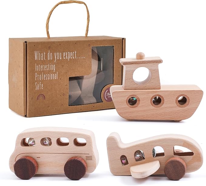 WOODEN TEETHER 3pcs Wooden Cars for Toddlers 1-3 Years Car Toys for Babies Wooden Baby Toys Include Car Boat Airplane,Ideal Gift for Girls and Boys