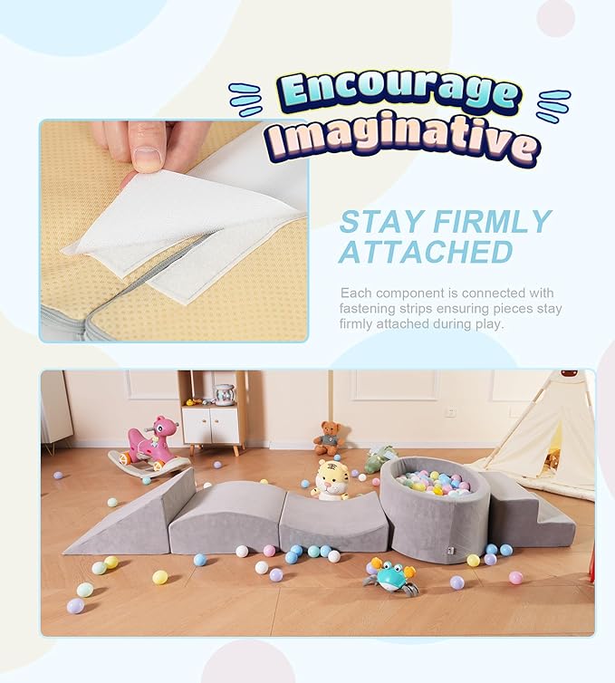Foam Climbing Blocks with Ball Pit Designed for Toddlers Aged 1-3 -Great for Indoor Crawling, Inside Foam Playground Set for Little Ones to Active Playing -(Balls NOT Included) Grey